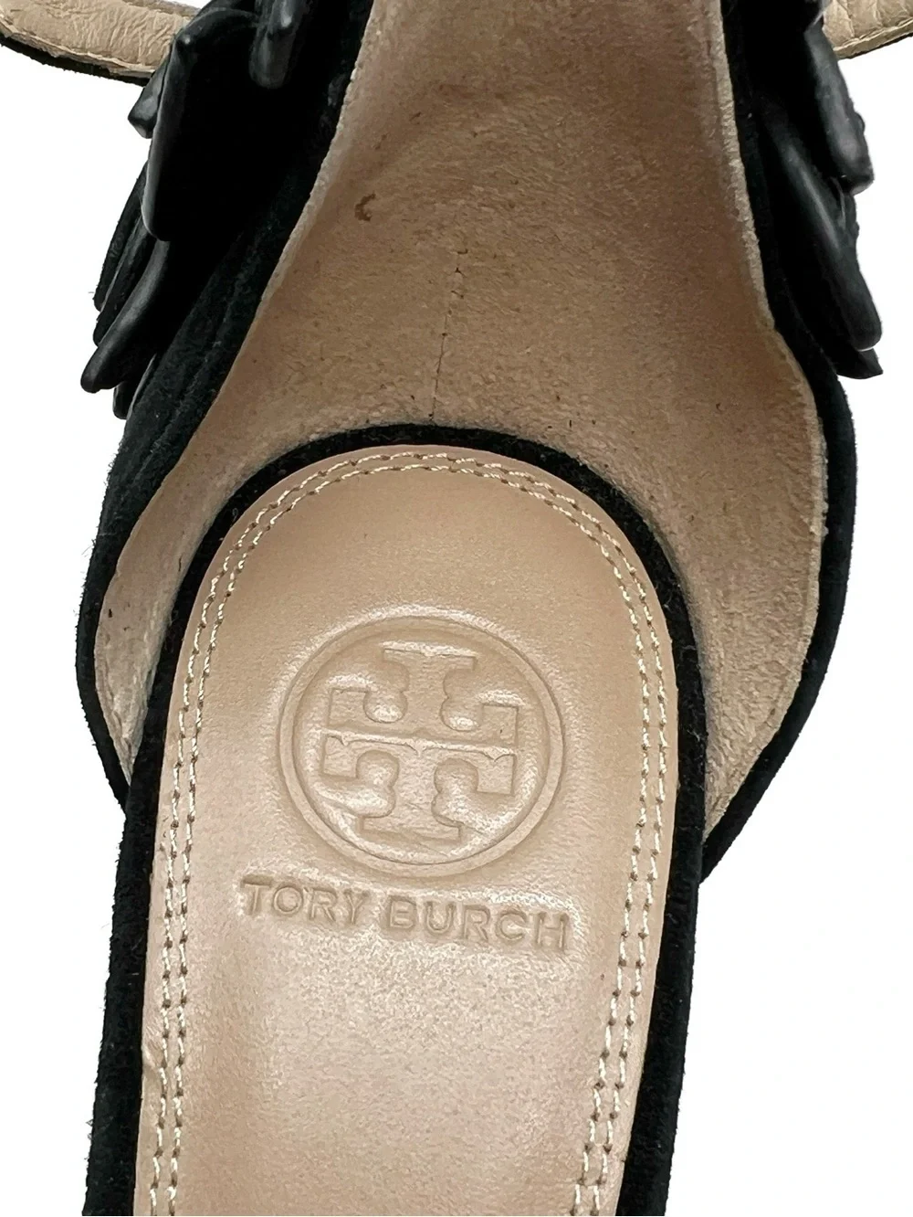 Tory Burch Jules Appliqué Floral Stilettos Size 9 Black Suede Sandals Heels EUC